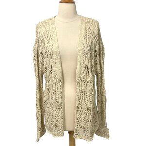 Natural Life Open Knit Crochet Cardigan Beige Long Sleeve Cotton Boho EUC Size M